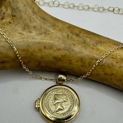 Vintage Gold Locket | Tiny Gold Coin Photo Memory Charm Pendant | 925 Sterling Silver Delicate Chain | Small Photo Mini Memory Necklace