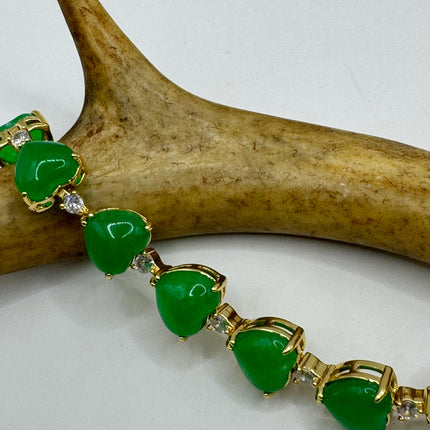 Vintage Heart Gold Bracelet | Green Jade Aventurine Gemstone Clear Crystal Lucky Jade Golden Bronze Wealth Prosperity Good Luck Bracelet
