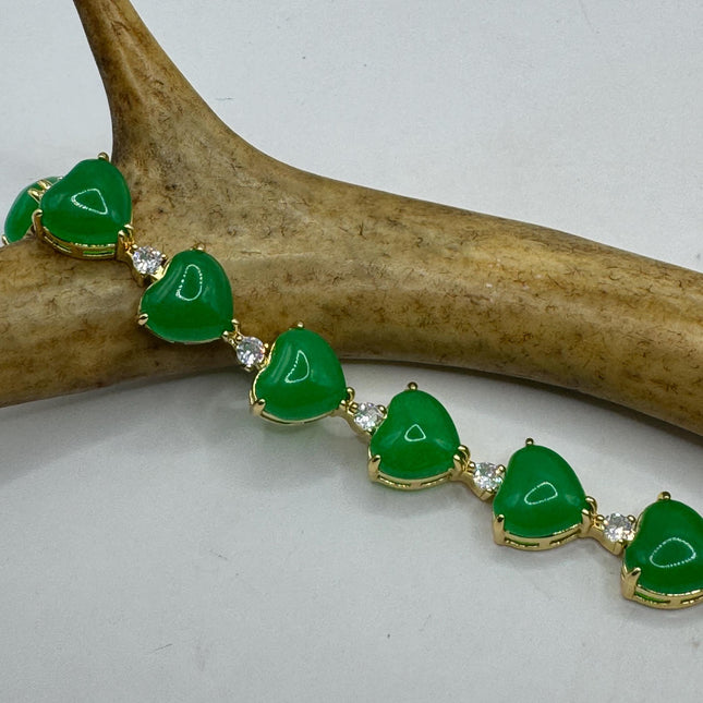 Vintage Heart Gold Bracelet | Green Jade Aventurine Gemstone Clear Crystal Lucky Jade Golden Bronze Wealth Prosperity Good Luck Bracelet