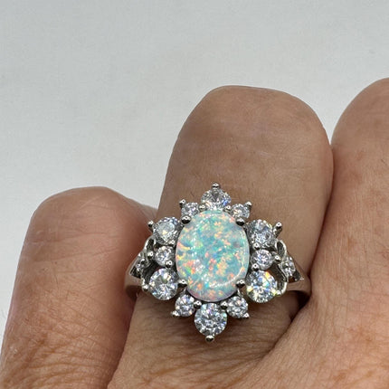 Vintage Tiny Gemstone Ring | White Fire Opal Stacking Promise Ring - 925 Sterling Silver Band Prom Wedding or Everyday Ring Engagement