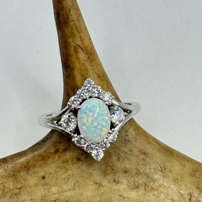 Vintage Tiny Gemstone Ring | White Fire Opal Stacking Promise Ring - 925 Sterling Silver Band Prom Wedding or Everyday Ring Engagement