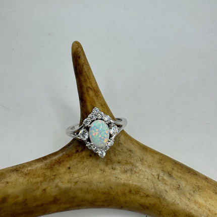 Vintage Tiny Gemstone Ring | White Fire Opal Stacking Promise Ring - 925 Sterling Silver Band Prom Wedding or Everyday Ring Engagement