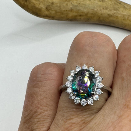 Vintage Gemstone Ring | Mystic Blue Topaz Crystal Birthstone Statement Ring | 925 Sterling Silver Band Engagement Promise Bride