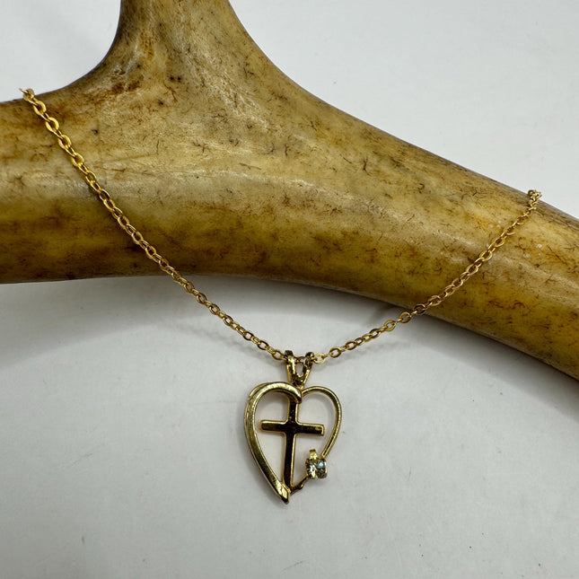 Vintage Gold Pendant Necklace | 12k GF Tiny Minimal Heart Love Cross Delicate Gold Chain | Everyday Stacking Wedding Prom Jewelry