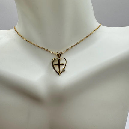 Vintage Gold Pendant Necklace | 12k GF Tiny Minimal Heart Love Cross Delicate Gold Chain | Everyday Stacking Wedding Prom Jewelry