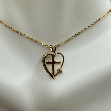 Vintage Gold Pendant Necklace | 12k GF Tiny Minimal Heart Love Cross Delicate Gold Chain | Everyday Stacking Wedding Prom Jewelry
