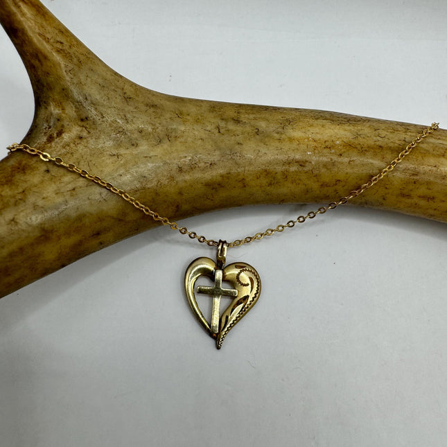 Vintage Gold Pendant Necklace | 12k GF Tiny Minimal Heart Love Cross Delicate Gold Chain | Everyday Stacking Wedding Prom Jewelry