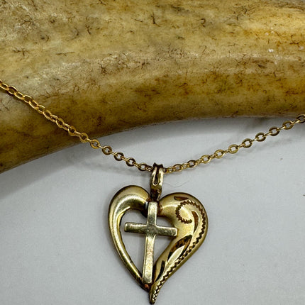 Vintage Gold Pendant Necklace | 12k GF Tiny Minimal Heart Love Cross Delicate Gold Chain | Everyday Stacking Wedding Prom Jewelry