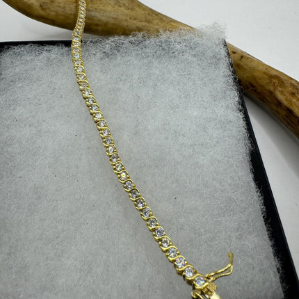 Vintage Gold Tennis Bracelet | Bezel Set Cubic Zirconia Crystal Diamond Gemstone | Golden 925 Sterling Silver Stackable Tennis Bracelet