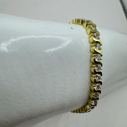 Vintage Gold Tennis Bracelet | Bezel Set Cubic Zirconia Crystal Diamond Gemstone | Golden 925 Sterling Silver Stackable Tennis Bracelet