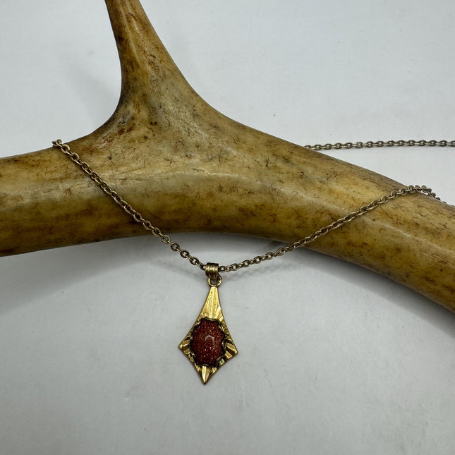 Vintage Tiny Gold Charm Necklace | Goldstone Gemstone Dainty Gold Filled Chain Necklace | Minimalist Style Crystal