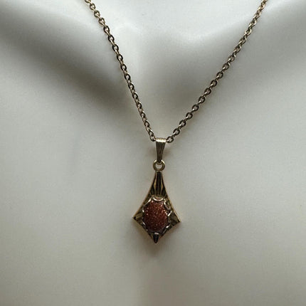 Vintage Tiny Gold Charm Necklace | Goldstone Gemstone Dainty Gold Filled Chain Necklace | Minimalist Style Crystal