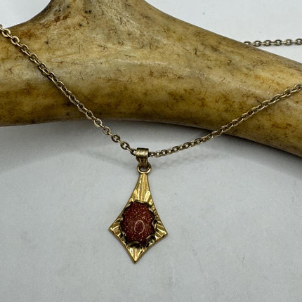 Vintage Tiny Gold Charm Necklace | Goldstone Gemstone Dainty Gold Filled Chain Necklace | Minimalist Style Crystal