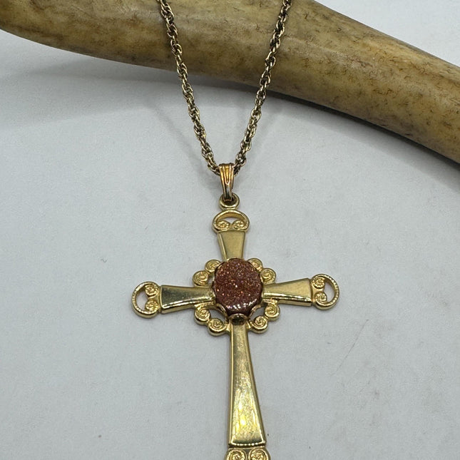 Vintage Cross Tiny Gold Charm Necklace | Goldstone Gemstone Dainty Gold Filled Chain Necklace | Minimalist Style Crystal