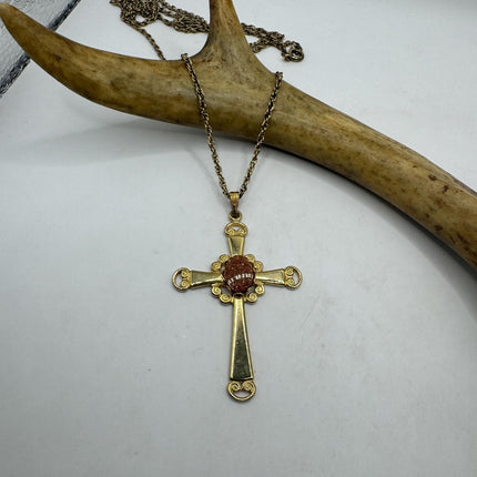 Vintage Cross Tiny Gold Charm Necklace | Goldstone Gemstone Dainty Gold Filled Chain Necklace | Minimalist Style Crystal