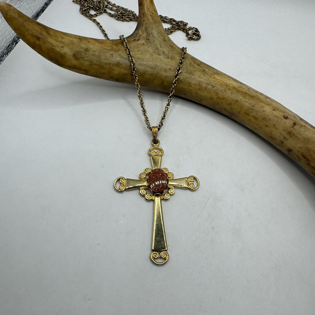 Vintage Cross Tiny Gold Charm Necklace | Goldstone Gemstone Dainty Gold Filled Chain Necklace | Minimalist Style Crystal