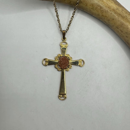 Vintage Cross Tiny Gold Charm Necklace | Goldstone Gemstone Dainty Gold Filled Chain Necklace | Minimalist Style Crystal