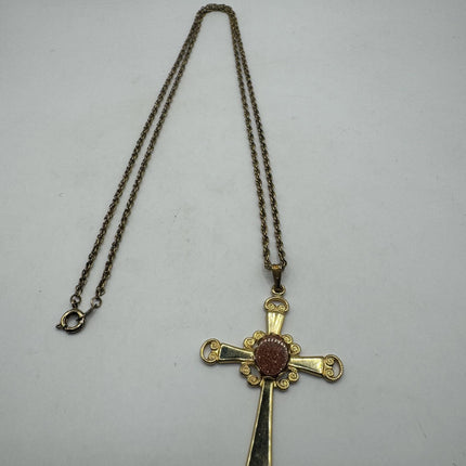 Vintage Cross Tiny Gold Charm Necklace | Goldstone Gemstone Dainty Gold Filled Chain Necklace | Minimalist Style Crystal