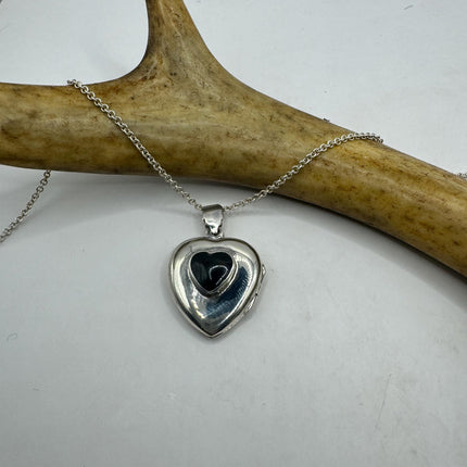Vintage Black Onyx Silver Locket | large Heart Pendant Photo Memory Charm Etched Design | 925 Sterling Silver Chain Necklace | Holds Photo