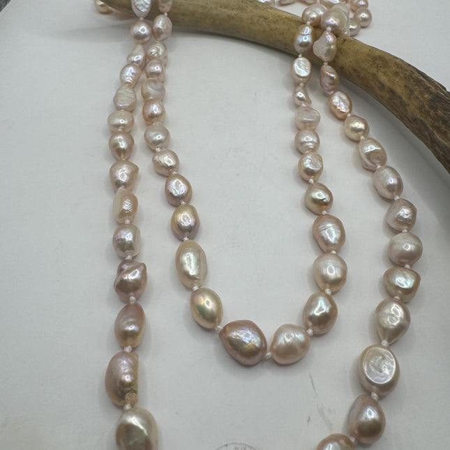 Vintage Pearl Necklace | Hand Knotted Pink Pearl Gemstone 40 Inch Jump Rope Length Elegant Statement Layering Necklace