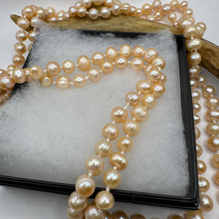 Vintage Pearl Necklace | Hand Knotted Pink Pearl Gemstone 44 inch Jump Rope Length Elegant Statement Layering Necklace