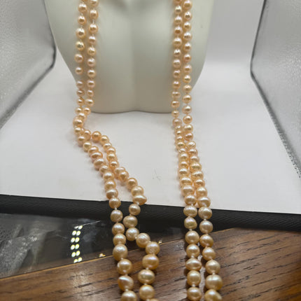 Vintage Pearl Necklace | Hand Knotted Pink Pearl Gemstone 44 Inch Jump Rope Length Elegant Statement Layering Necklace