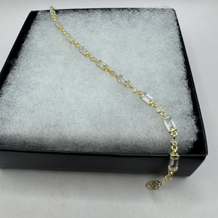 Vintage Gold Tennis Bracelet | Bezel Set Cubic Zirconia Crystal Diamond Gemstone | Golden 925 Sterling Silver Stackable Tennis Bracelet