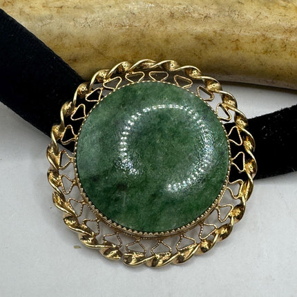 vintage lucky green Jade Brooch Pin gold filled Black velvet choker small, simple every day minimal