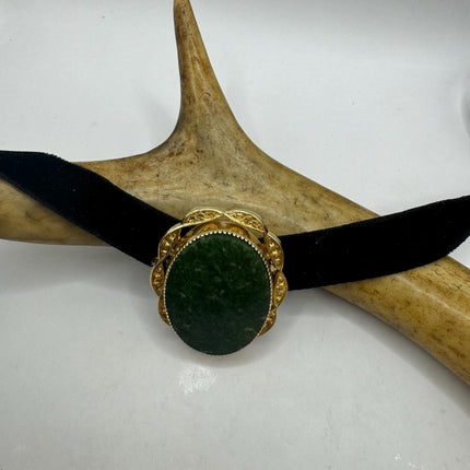 vintage lucky green Jade Brooch Pin gold filled Black velvet choker small, simple every day minimal