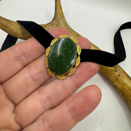 vintage lucky green Jade Brooch Pin gold filled Black velvet choker small, simple every day minimal