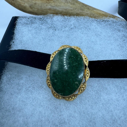 vintage lucky green Jade Brooch Pin gold filled Black velvet choker small, simple every day minimal