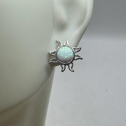 Vintage Silver Sun Opal Earrings | Mini White Fire Opal Gemstone | 925 Sterling Silver Stud Button Earrings for Everyday Wedding Prom