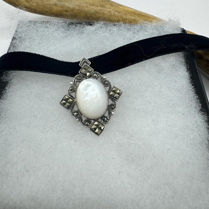 Vintage Mother of Pearl Marcasite Pendant Ribbon Choker Necklace | 925 Sterling Silver Necklace
