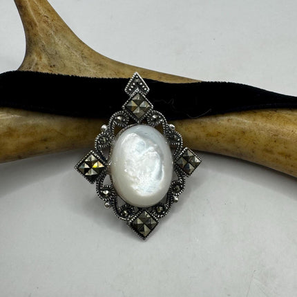 Vintage Mother of Pearl Marcasite Pendant Ribbon Choker Necklace | 925 Sterling Silver Necklace