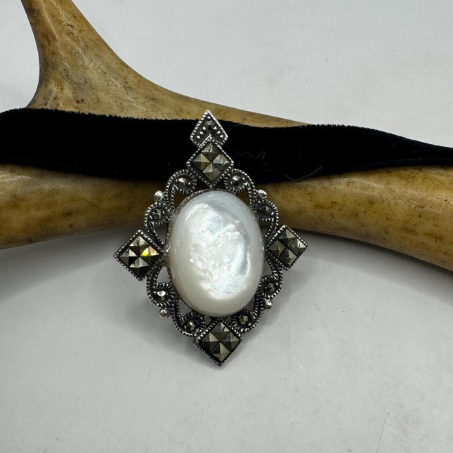 Vintage Mother of Pearl Marcasite Pendant Ribbon Choker Necklace | 925 Sterling Silver Necklace