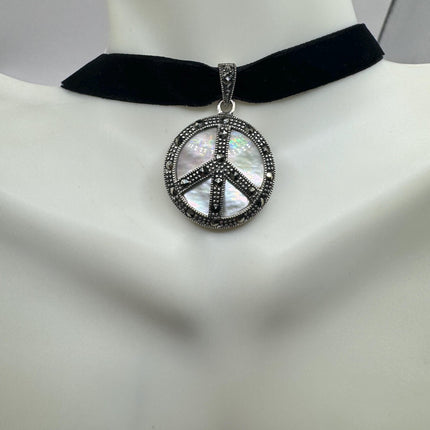 Vintage Mother of Pearl peace sign Marcasite Pendant Ribbon Choker Necklace | 925 Sterling Silver Necklace