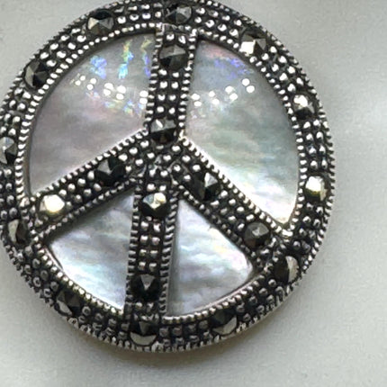 Vintage Mother of Pearl peace sign Marcasite Pendant Ribbon Choker Necklace | 925 Sterling Silver Necklace