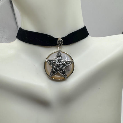 Vintage Mother of Pearl pentagram star marcasite Pendant Ribbon Choker Necklace | 925 Sterling Silver Necklace