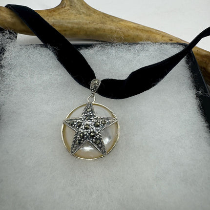 Vintage Mother of Pearl pentagram star marcasite Pendant Ribbon Choker Necklace | 925 Sterling Silver Necklace