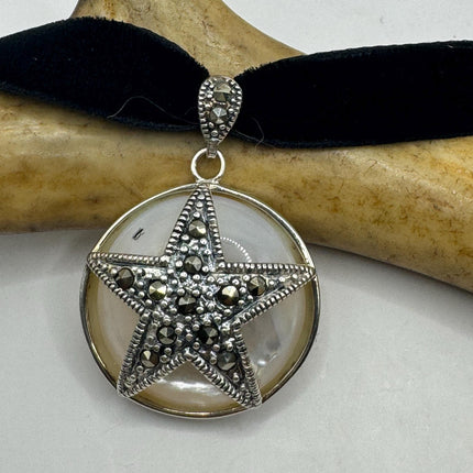 Vintage Mother of Pearl pentagram star marcasite Pendant Ribbon Choker Necklace | 925 Sterling Silver Necklace