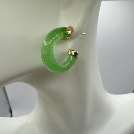 Vintage Green Jade Gold Lucky Hoop Earrings