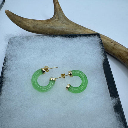 Vintage Green Jade Gold Lucky Hoop Earrings