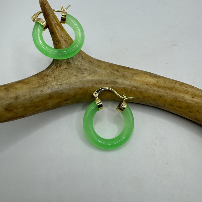 Vintage Green Jade Gold Lucky Hoop Earrings