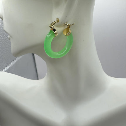 Vintage Green Jade Gold Lucky Hoop Earrings
