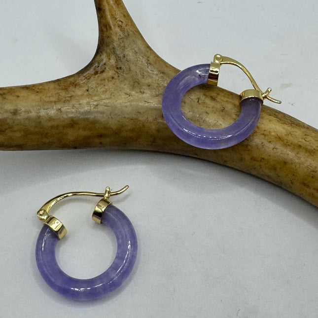 Vintage Purple Jade Gold Lucky Hoop Earrings