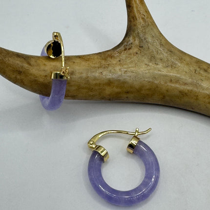 Vintage Purple Jade Gold Lucky Hoop Earrings