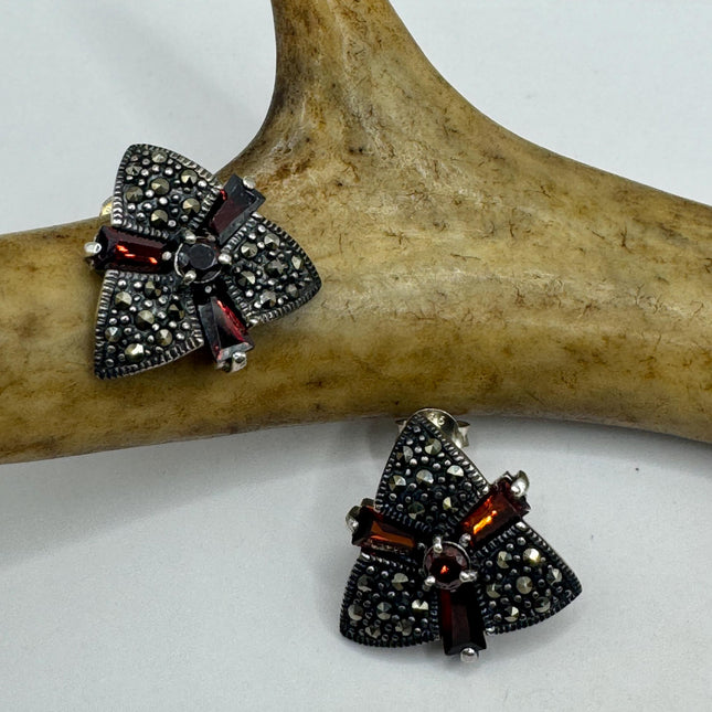 Vintage Silver Marcasite Earrings Red garnet Deco | 925 Sterling Silver Stud Earrings | Minimalist Everyday