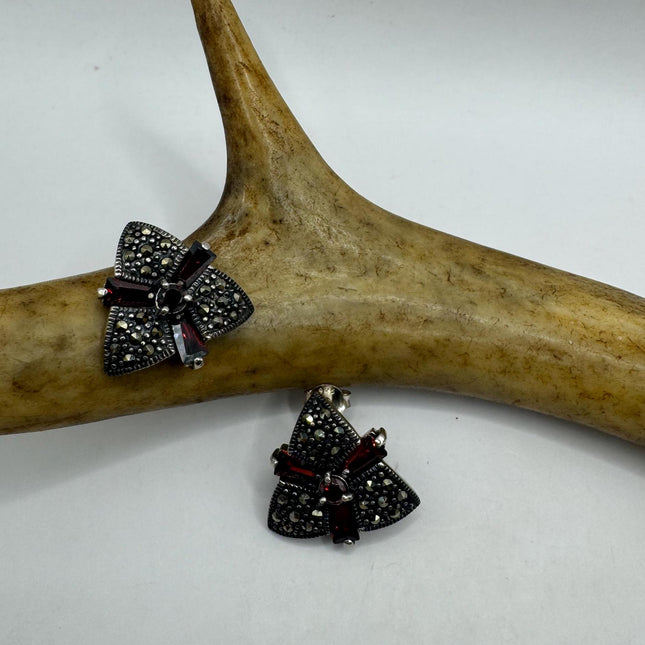 Vintage Silver Marcasite Earrings Red garnet Deco | 925 Sterling Silver Stud Earrings | Minimalist Everyday