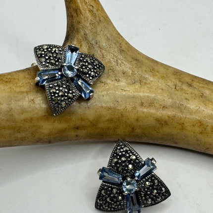 Vintage Silver Marcasite Earrings Blue Iolite Deco | 925 Sterling Silver Stud Earrings | Minimalist Everyday
