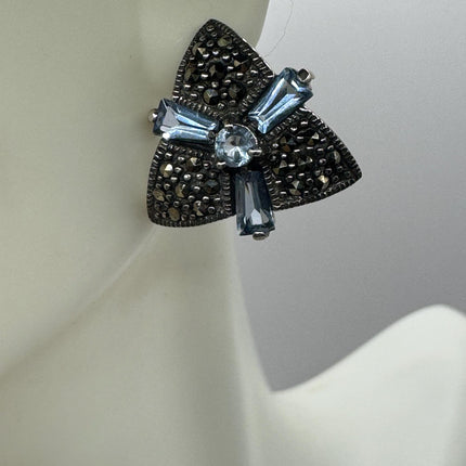 Vintage Silver Marcasite Earrings Blue Iolite Deco | 925 Sterling Silver Stud Earrings | Minimalist Everyday
